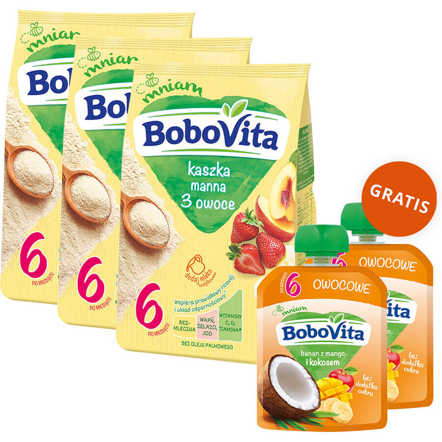 BoboVita pap manna set, 3 vruchten, melkvrij, na 6 maanden, 3 x 180 g + mousse in tube, banaan met mango en kokos, 2 x 80 g vrij