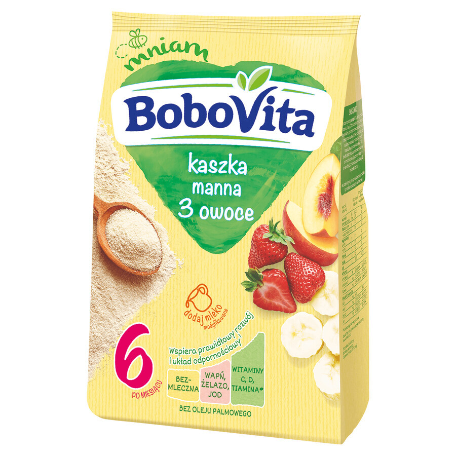 BoboVita pap manna set, 3 vruchten, melkvrij, na 6 maanden, 3 x 180 g + mousse in tube, banaan met mango en kokos, 2 x 80 g vrij