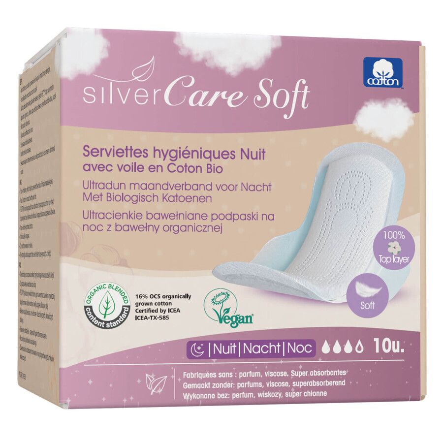 Silver Care assorbenti igienici ultrasottili in cotone morbido con ali, notte, 10 pezzi