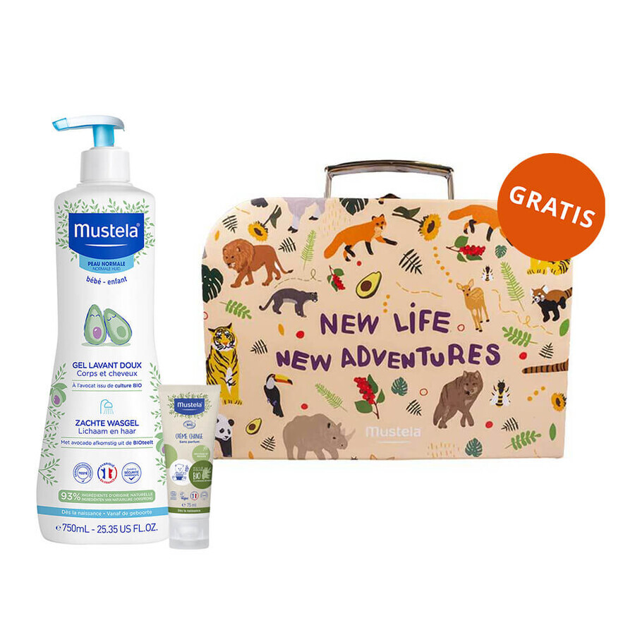 Mustela Bebe Enfant set, gentle cleansing gel for body and head, from birth, 750 ml + replacement cream, 75 ml + box, 1 piece free of charge