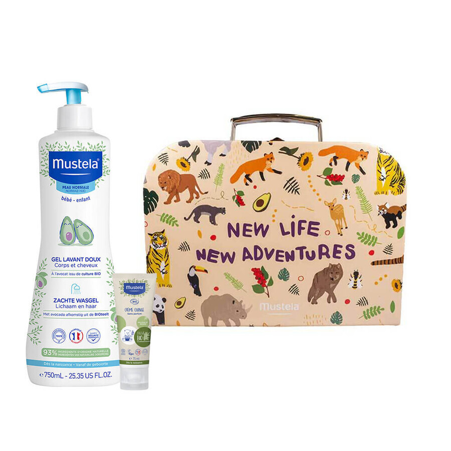 Mustela Bebe Enfant set, gentle cleansing gel for body and head, from birth, 750 ml + replacement cream, 75 ml + box, 1 piece free of charge