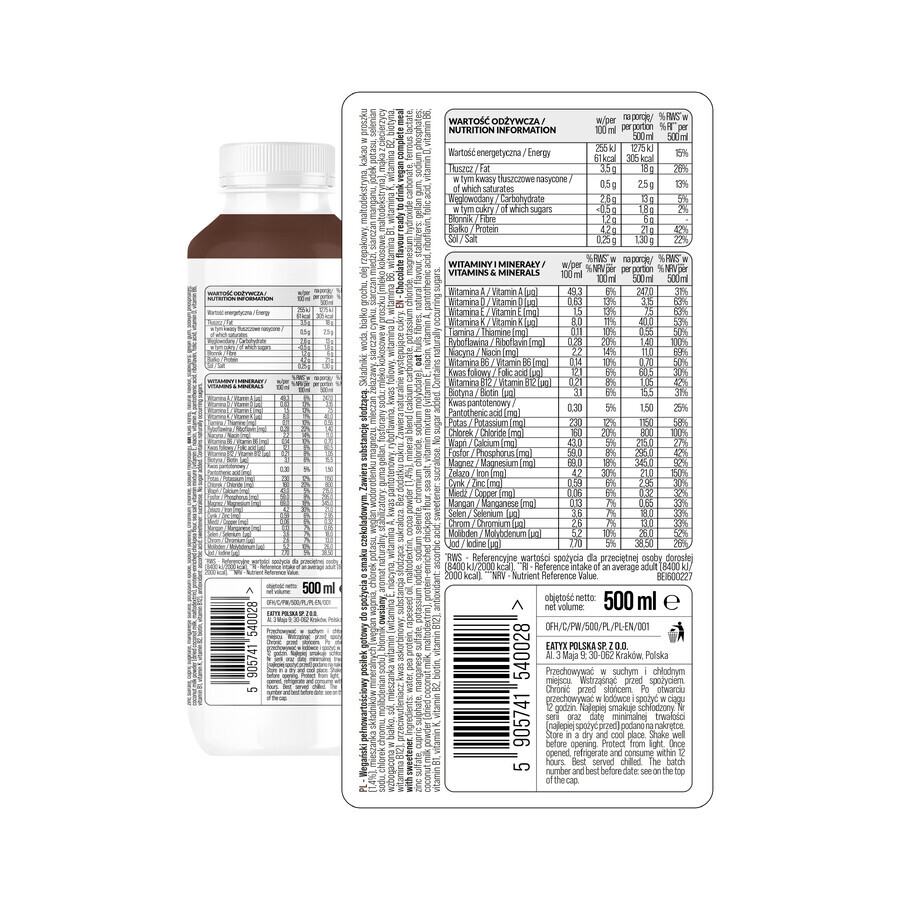 OSHEE Eatyx, repas liquide prêt à consommer, végétalien, chocolat, 500 ml SHORT DATE