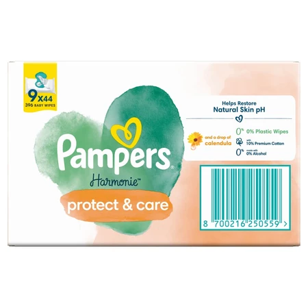 Pampers Harmonie Protect & Care, lingettes humides, 9 x 44 pièces