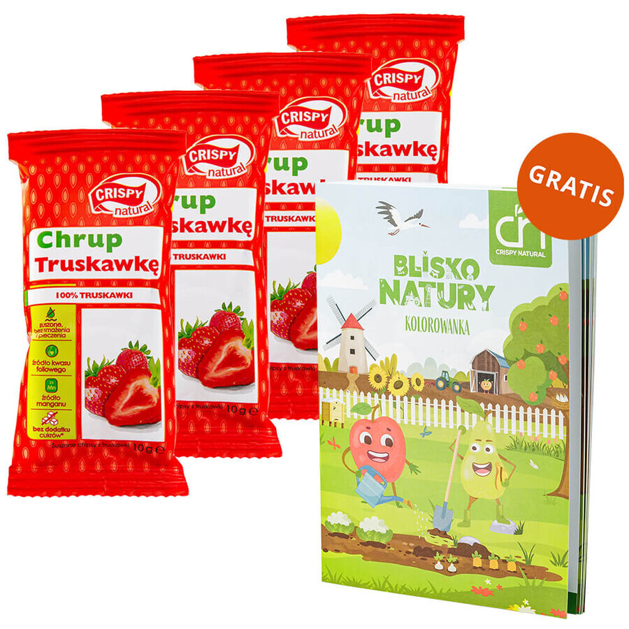 Set Crispy Naturel, Crispy Aardbei, gedroogde aardbeienchips, 4 x 10g + kleurboek Dichtbij de natuur gratis