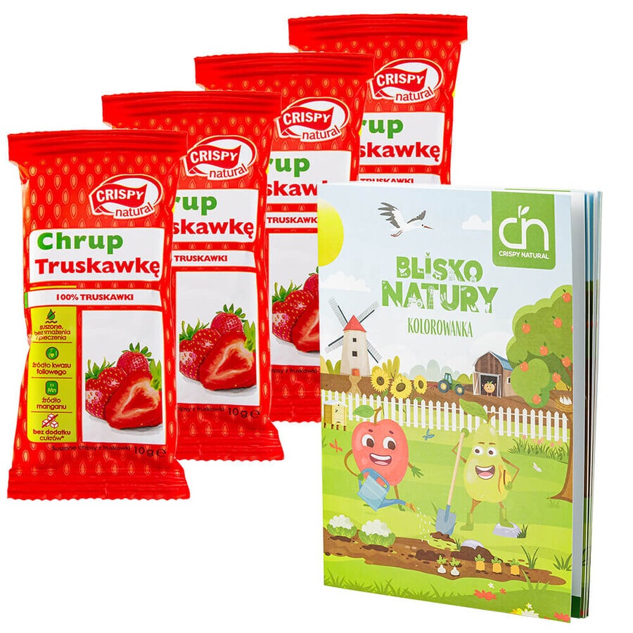 Set Crispy Naturel, Crispy Aardbei, gedroogde aardbeienchips, 4 x 10g + kleurboek Dichtbij de natuur gratis