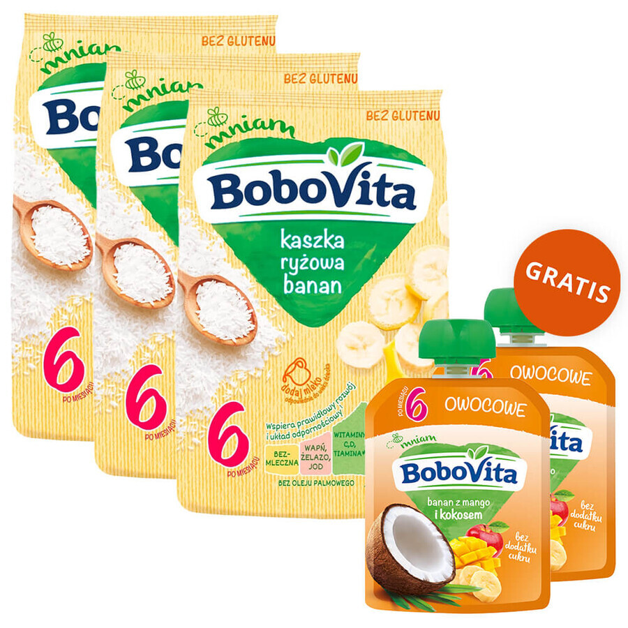 BoboVita set Rice porridge, banana, dairy-free, gluten-free, after 6 months, 3 x 180 g + mousse in tube, banana mousse with mango and coconut, 2 x 80 g free