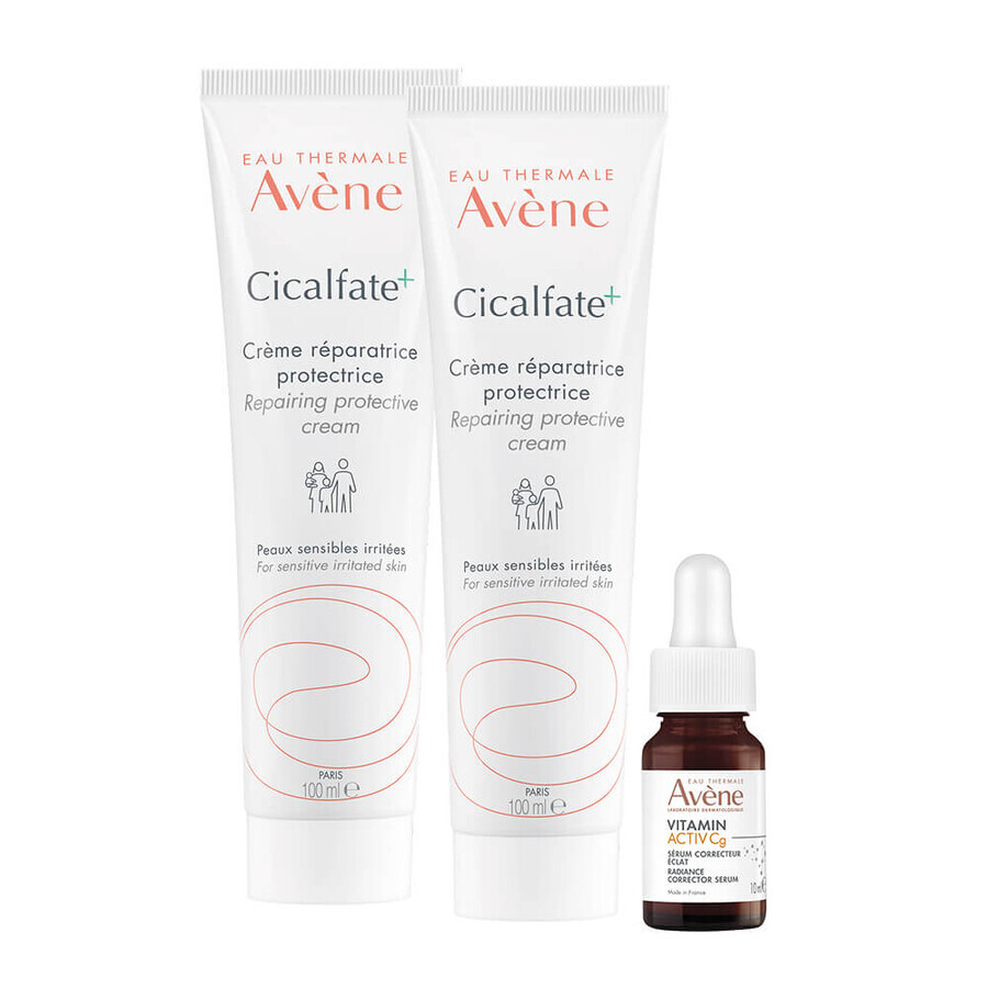 Set Avene Cicalfate+, cremă protectoare regenerantă pentru întreaga familie, piele sensibilă și iritată, 2 x 100 ml + Vitamin Activ Cg, ser corector și iluminator, 10 ml gratuit