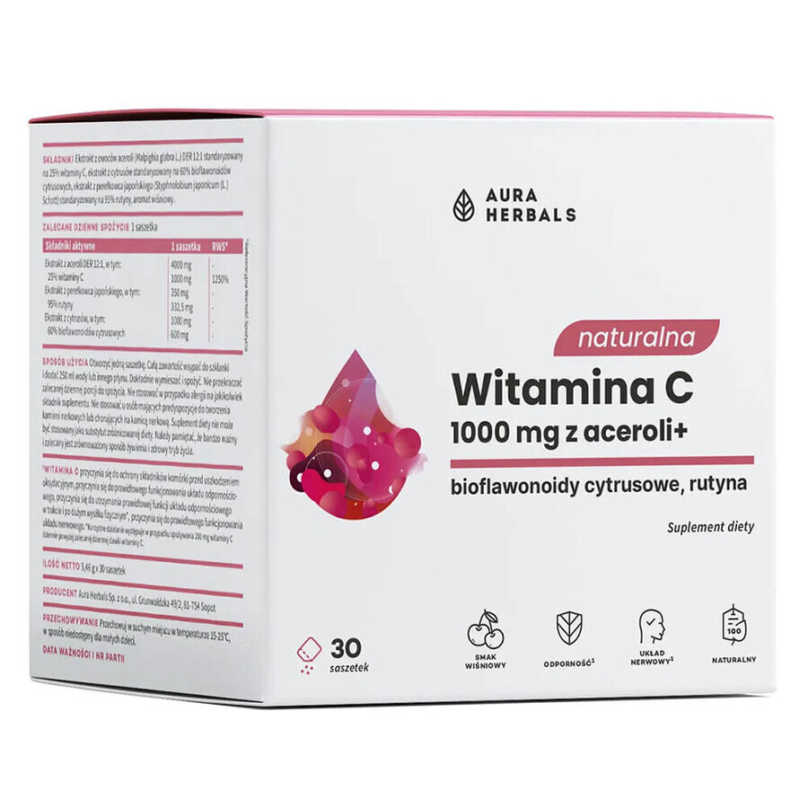 Aura Herbals Vitamina C naturale 1000 mg da Acerola, 30 bustine