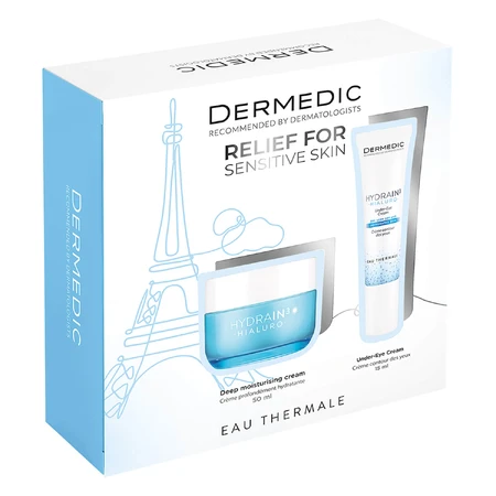 Set Dermedic Hydrain 3 Hialuro, crema hidratante profunda, 50 ml + crema contorno de ojos, piel deshidratada y seca, 15 ml