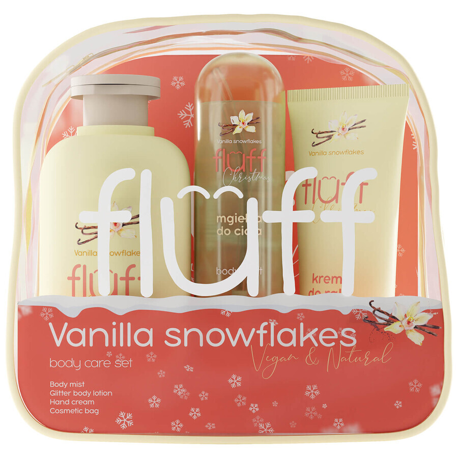 Fluff Vanilla Snowflakes set, loțiune de corp, 200ml + ceață de corp, 80ml + cremă de mâini, 50ml + geantă de machiaj