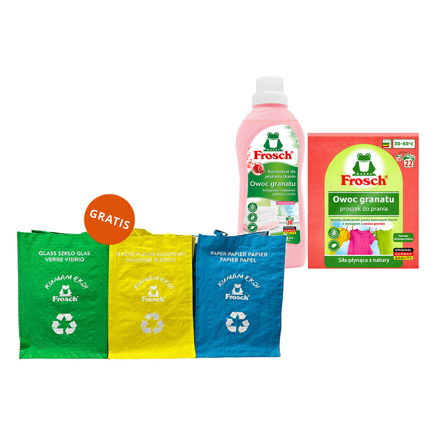 Frosch set, detergente en polvo para tejidos, granada, 1,45 kg + acondicionador concentrado para tejidos, granada, 750 ml + bolsas de separación de residuos, 3 gratis