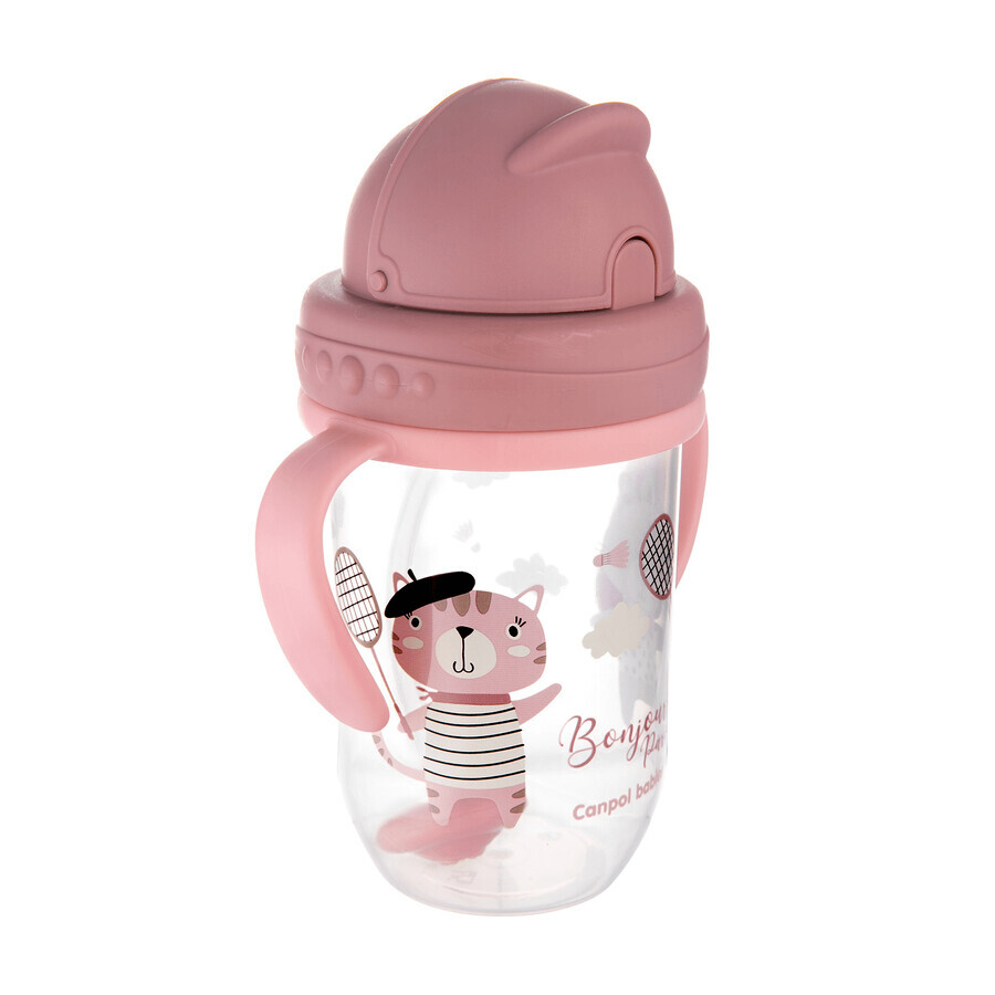 Set Canpol Bebés, vaso antigoteo con tubo y pesa, Bonjur Paris, rosa, a partir de 6 meses, 270 ml + tubo antigoteo de silicona con pesa, gris, 1 pieza por 1 céntimo