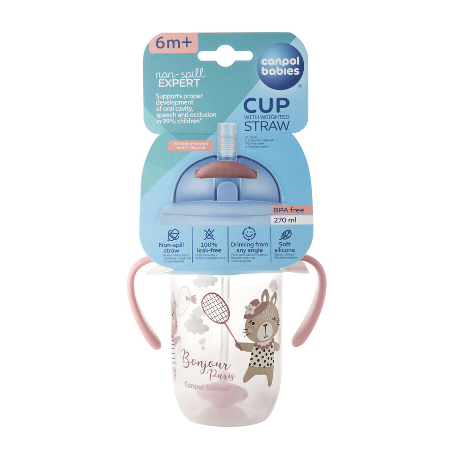 Set Canpol Bebés, vaso antigoteo con tubo y pesa, Bonjur Paris, rosa, a partir de 6 meses, 270 ml + tubo antigoteo de silicona con pesa, gris, 1 pieza por 1 céntimo