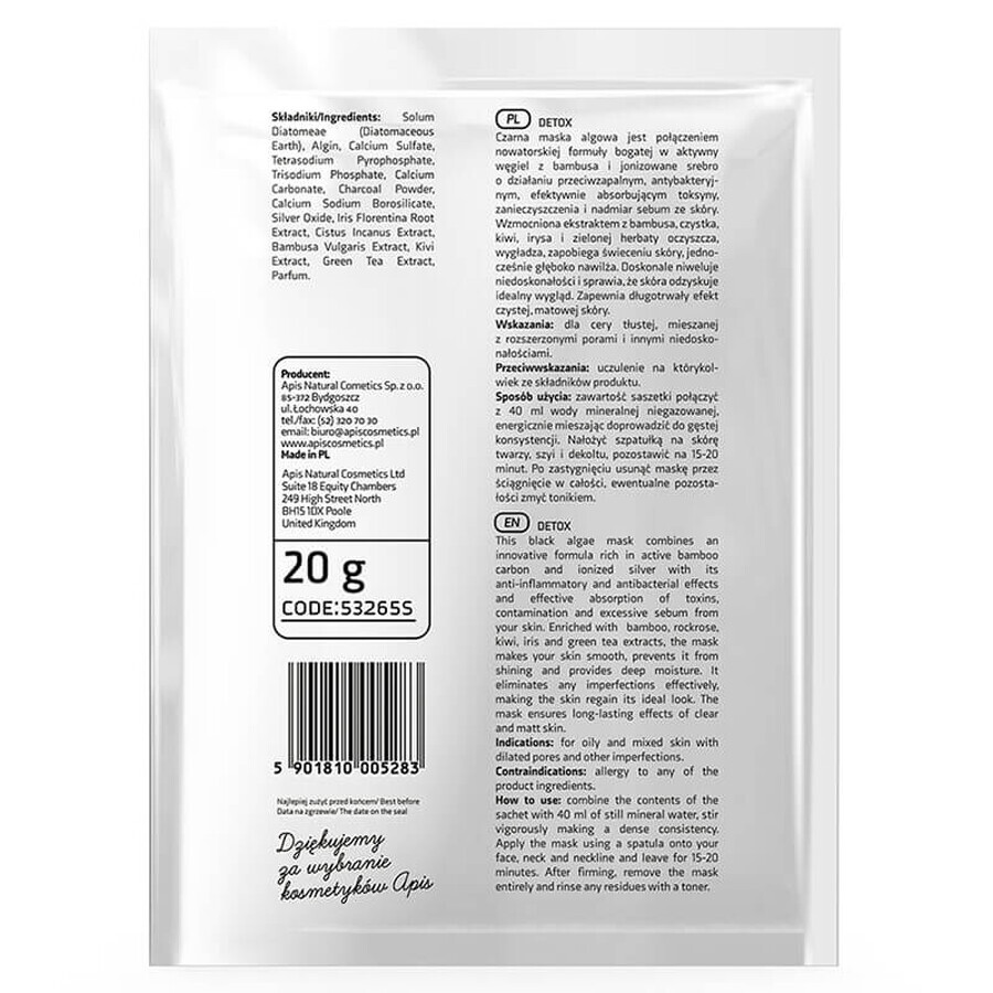 Apis Professional Detox, masque détoxifiant aux algues, 20 g