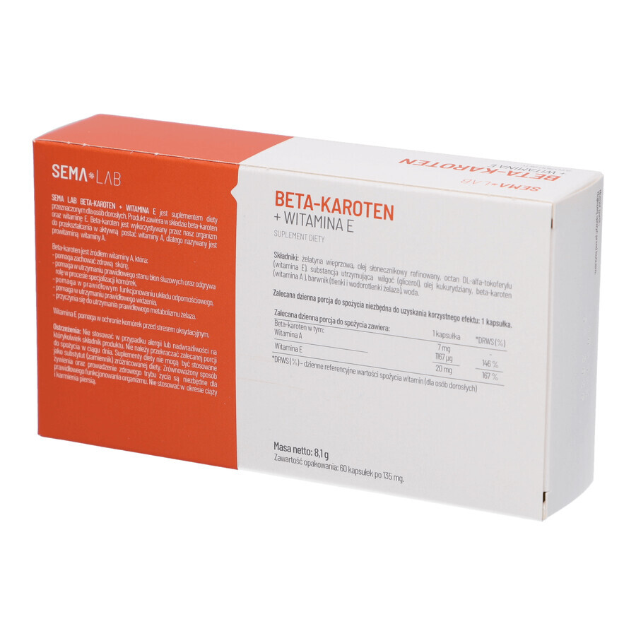 SEMA Lab Beta-carotene + Vitamina E, 60 softgel Confezione danneggiata