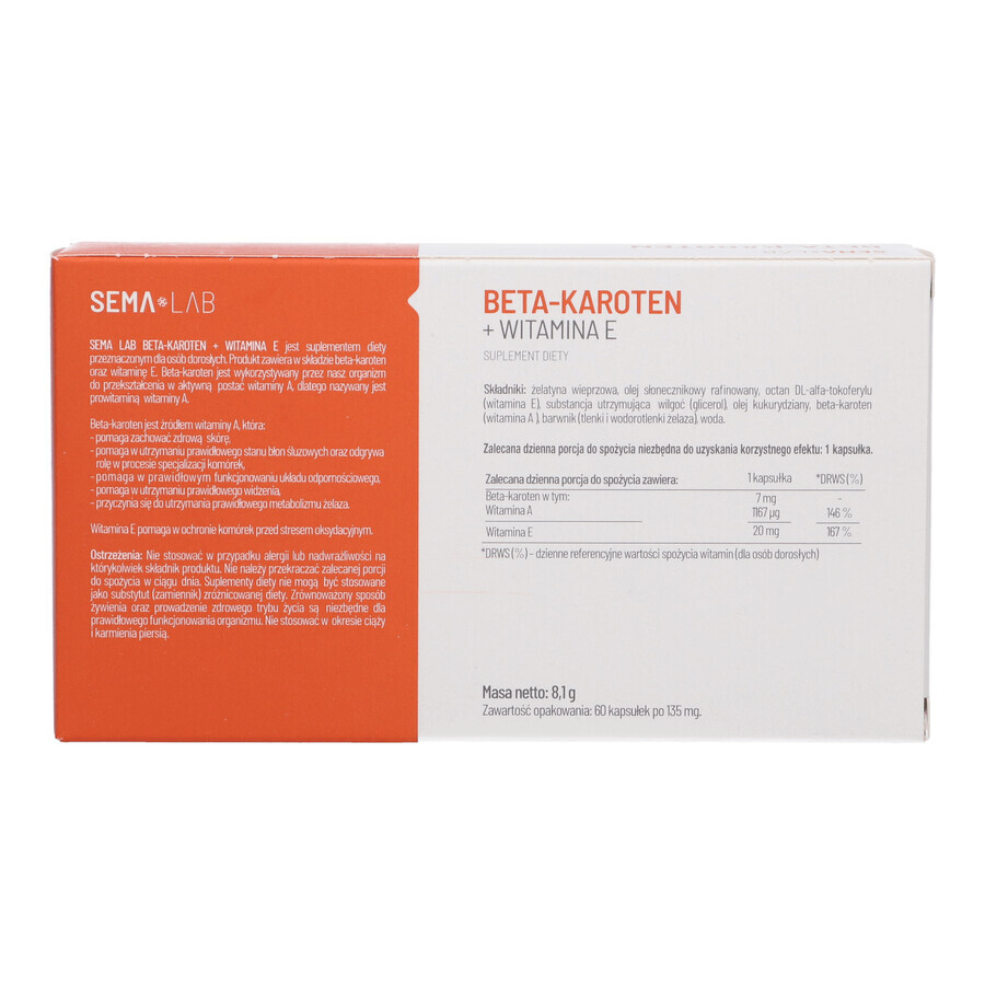 SEMA Lab Beta-carotene + Vitamina E, 60 softgel Confezione danneggiata