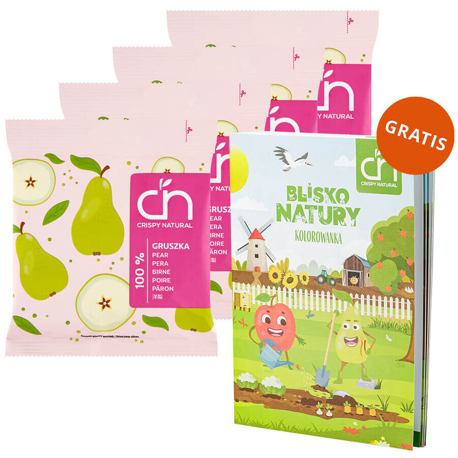 Set Crispy Natural Pear Crisps, getrocknete Birnenchips, 4 x 18 g + Malbuch Near Nature free