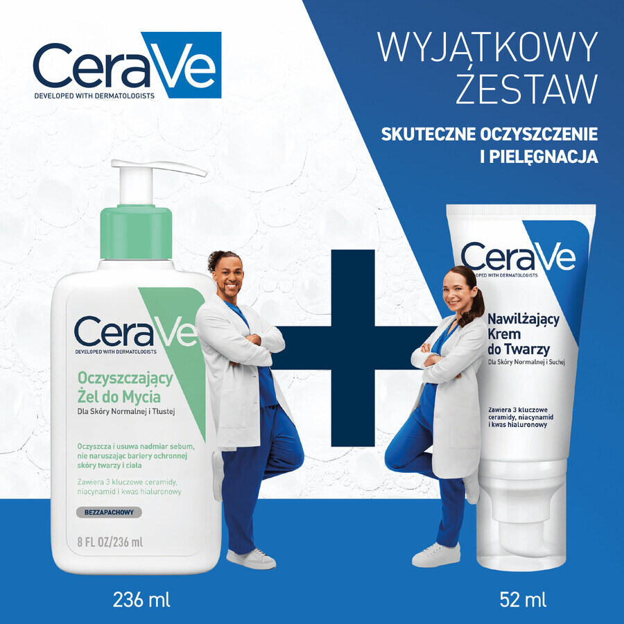 CeraVe gel limpiador con ceramidas, piel normal y grasa, 236 ml + crema hidratante facial con ceramidas, piel normal y seca, 52 ml