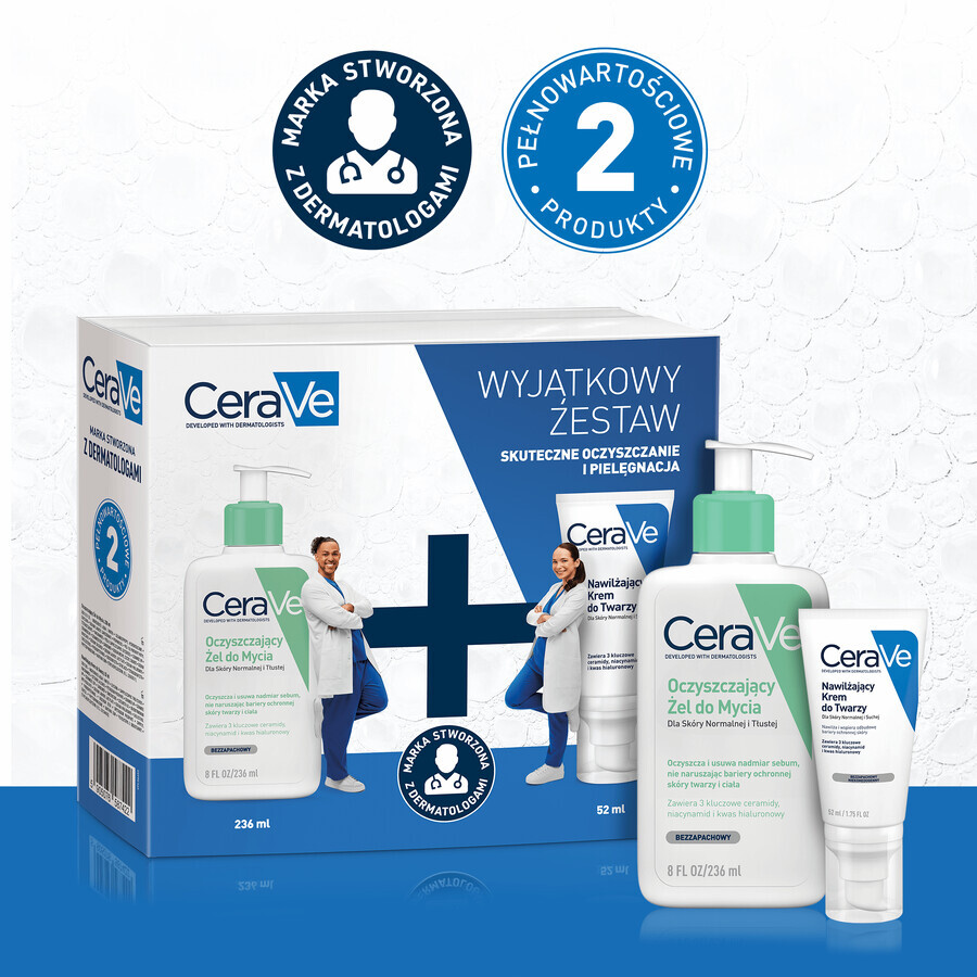 CeraVe gel limpiador con ceramidas, piel normal y grasa, 236 ml + crema hidratante facial con ceramidas, piel normal y seca, 52 ml