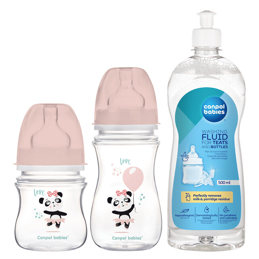 Canpol Babies EasyStart set, biberon anti-colique, dès la naissance, 120 ml + biberon anti-colique, 3-6 mois, 240 ml + liquide de nettoyage pour biberons et tétines, 500 ml pour 1 sou