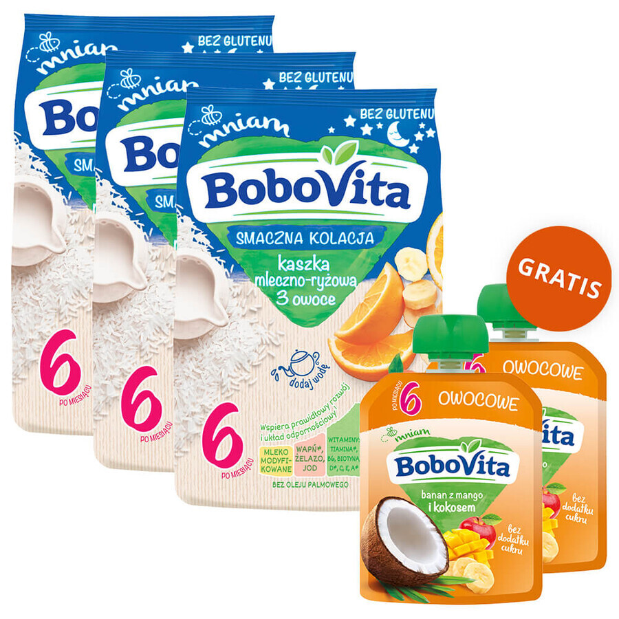 BoboVita Tasty Dinner Set Terci de lapte și orez, 3 fructe, fără gluten, după 6 luni, 3 x 230 g + Mousse în tub, banană cu mango și nucă de cocos, 2 x 80 g gratuit