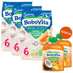 BoboVita Tasty Dinner Set Terci de lapte și orez, 3 fructe, fără gluten, după 6 luni, 3 x 230 g + Mousse în tub, banană cu mango și nucă de cocos, 2 x 80 g gratuit BoboVita Tasty Dinner Set Terci de lapte și orez, 3 fructe, fără gluten, după 6 luni, 3 x 230 g + Mousse în tub, banană cu mango și nucă de cocos, 2 x 80 g gratuit