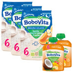 BoboVita Tasty Dinner Set Terci de lapte și orez, 3 fructe, fără gluten, după 6 luni, 3 x 230 g + Mousse în tub, banană cu mango și nucă de cocos, 2 x 80 g gratuit BoboVita Tasty Dinner Set Terci de lapte și orez, 3 fructe, fără gluten, după 6 luni, 3 x 230 g + Mousse în tub, banană cu mango și nucă de cocos, 2 x 80 g gratuit