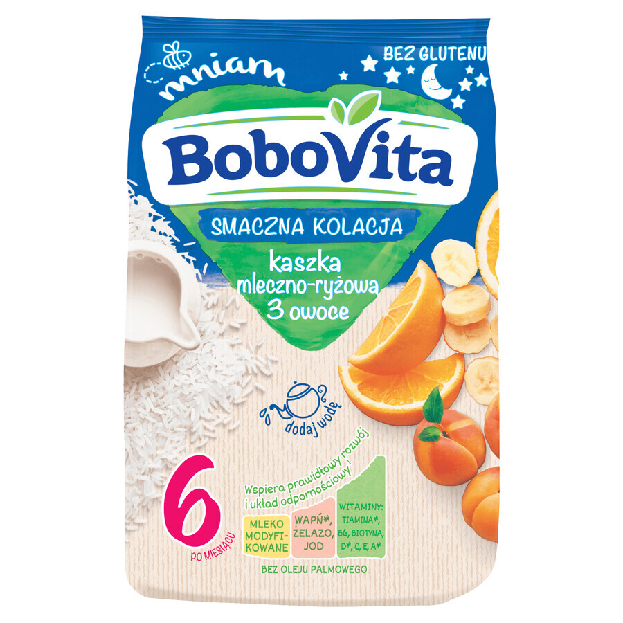 BoboVita Tasty Dinner Set Terci de lapte și orez, 3 fructe, fără gluten, după 6 luni, 3 x 230 g + Mousse în tub, banană cu mango și nucă de cocos, 2 x 80 g gratuit