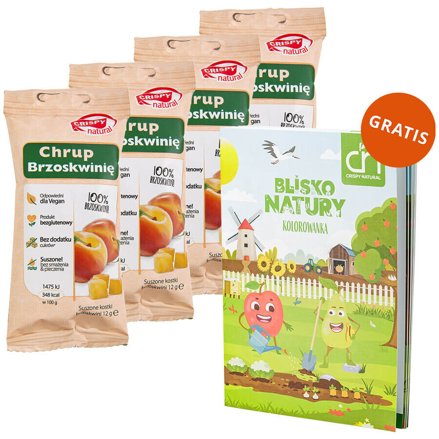 Set Crispy Natural Crunch Peach, cubetti di pesca essiccata, 4 x 12 g + un libro da colorare Blissful Nature in omaggio