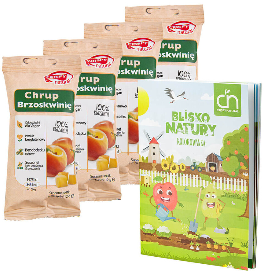 Set Crispy Natural Crunch Peach, cubetti di pesca essiccata, 4 x 12 g + un libro da colorare Blissful Nature in omaggio