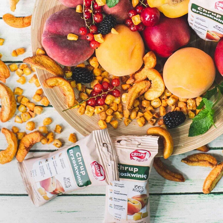 Set Crispy Natural Crunch Peach, cubetti di pesca essiccata, 4 x 12 g + un libro da colorare Blissful Nature in omaggio