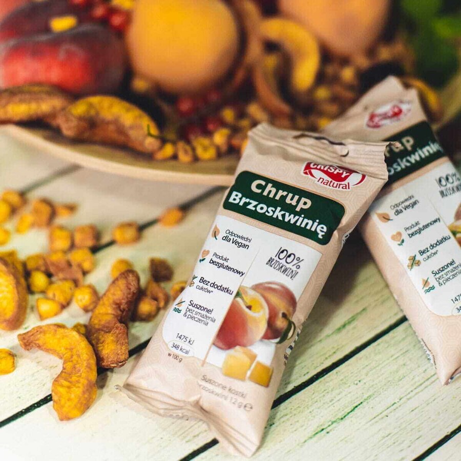 Set Crispy Natural Crunch Peach, cubetti di pesca essiccata, 4 x 12 g + un libro da colorare Blissful Nature in omaggio