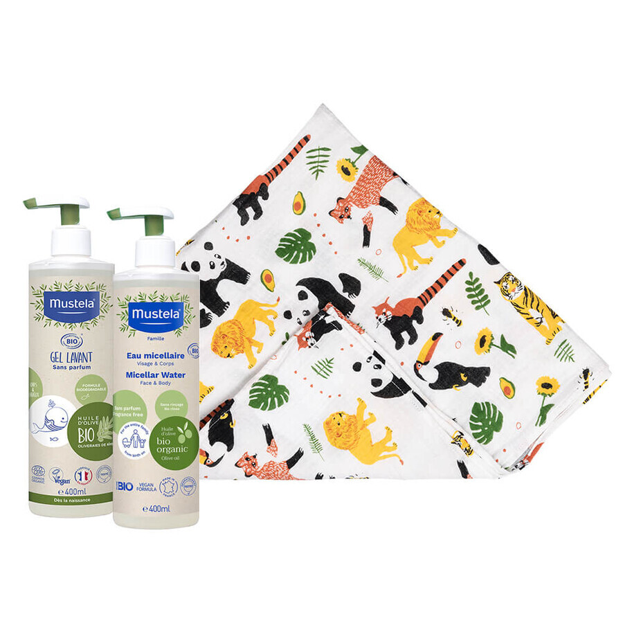 Mustela Bio set, gel nettoyant pour le corps et les cheveux, 400 ml + eau micellaire, sans rinçage, 400 ml + couche en bambou gratuite