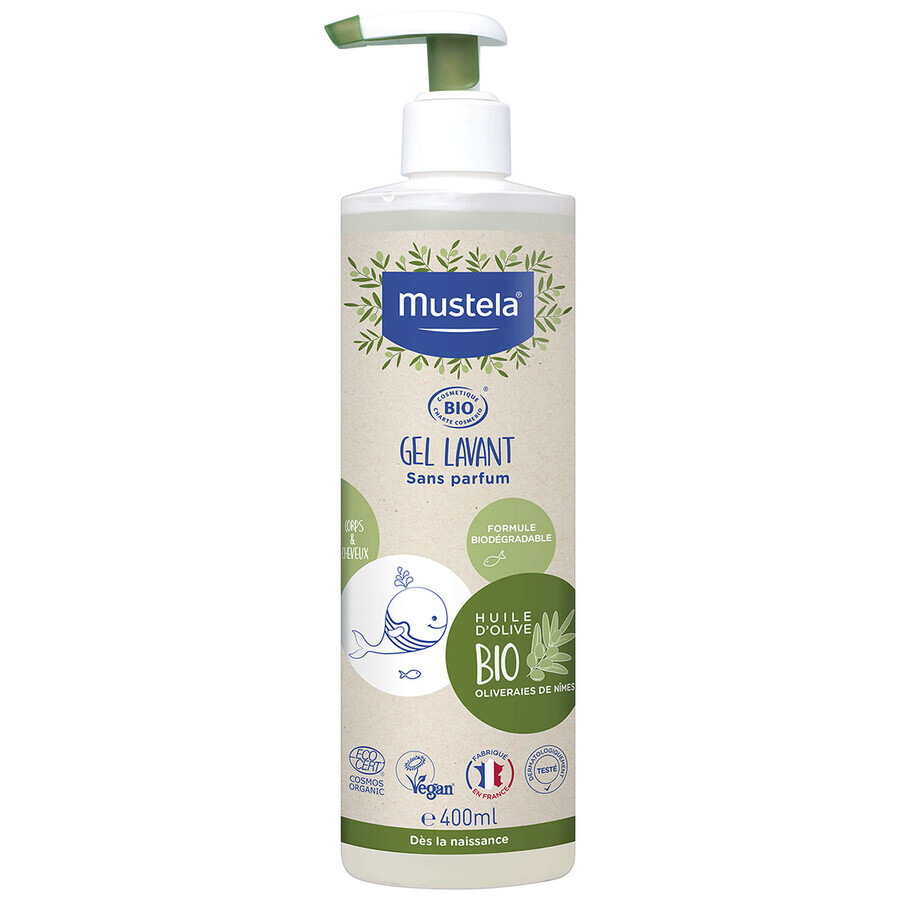 Mustela Bio set, gel nettoyant pour le corps et les cheveux, 400 ml + eau micellaire, sans rinçage, 400 ml + couche en bambou gratuite