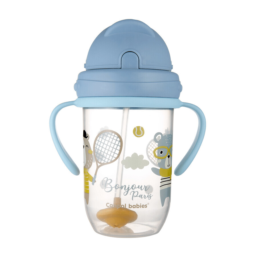 Canpol Babyset, niet-druppelende beker met slang en gewicht, Bonjur Paris, blauw, vanaf 6 maanden, 270 ml + siliconen niet-druppelende slang met gewicht, grijs, 1 stuk voor 1 cent