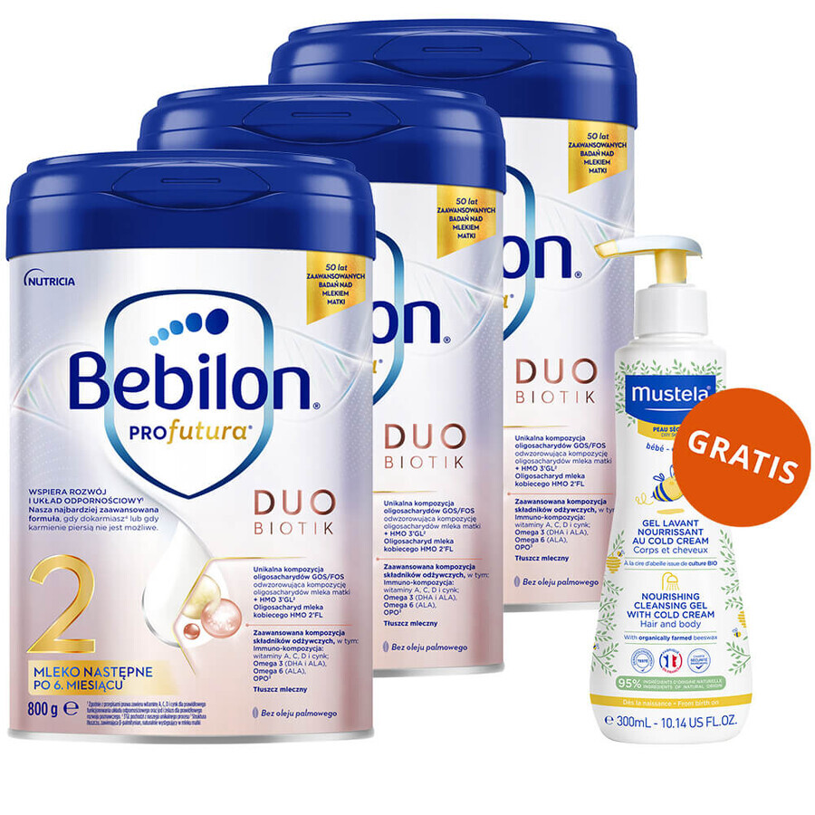 Set Bebilon Profutura Profutura DuoBiotik 2, follow-on milk, after 6 months, 3 x 800 g + Mustela Bebe Enfant, nourishing wash gel, 300 ml free