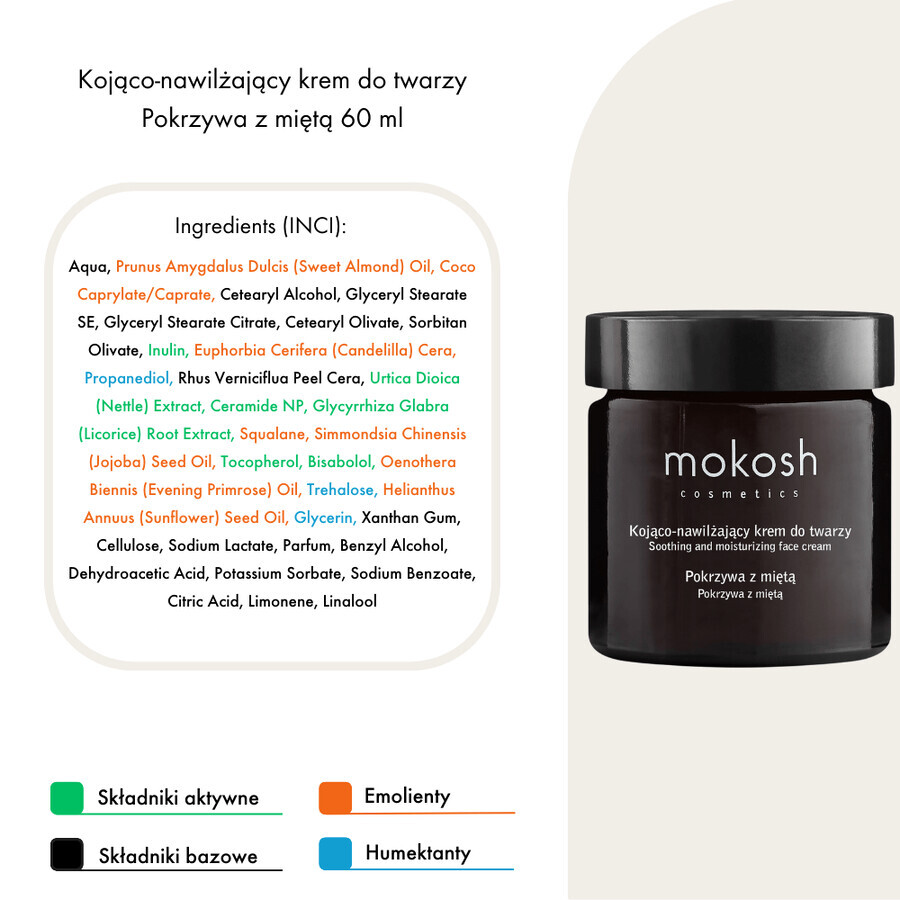 Mokosh crème apaisante et hydratante pour le visage, ortie et menthe, 60 ml