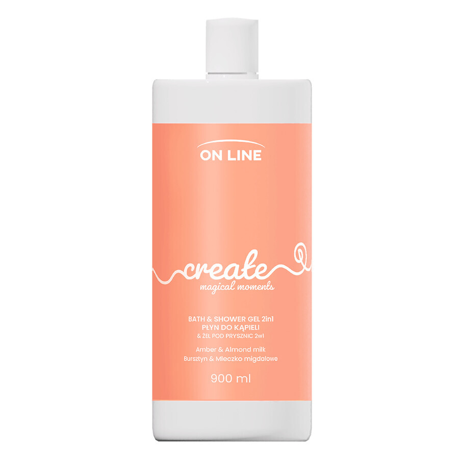 On Line Create 2 in 1, lozione da bagno e gel doccia, ambra e latte di mandorla, 900 ml