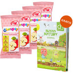 Crispy Natural Crunchy Set, getrocknete Apfelwürfel mit Erdbeersaft, 4 x 12 g + gratis Blissful Nature Malbuch Crispy Natural Crunchy Set, getrocknete Apfelwürfel mit Erdbeersaft, 4 x 12 g + gratis Blissful Nature Malbuch