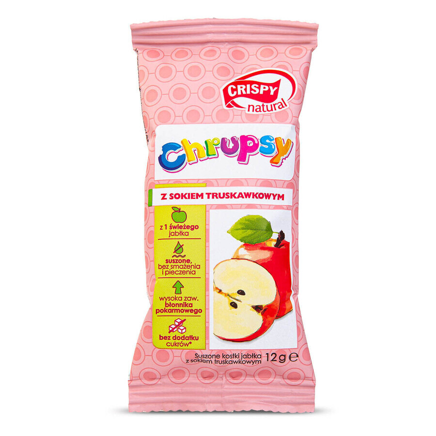 Crispy Natural Crunchy Set, getrocknete Apfelwürfel mit Erdbeersaft, 4 x 12 g + gratis Blissful Nature Malbuch