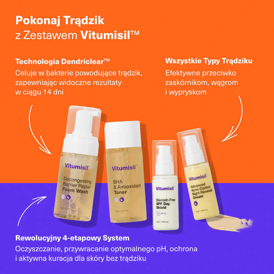 Vitumisil Kit Anti-Acné, espuma facial 100 ml + tónico 100 ml + crema de día 50 ml + crema de noche 50 ml