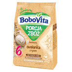 Set BoboVita Porcja Zbóż Fulgi de ovăz cu orez, fără lapte, fără zahăr adăugat, după 6 luni, 3 x 170 g + mousse în tub, banană cu mango și nucă de cocos, 2 x 80 g gratuit