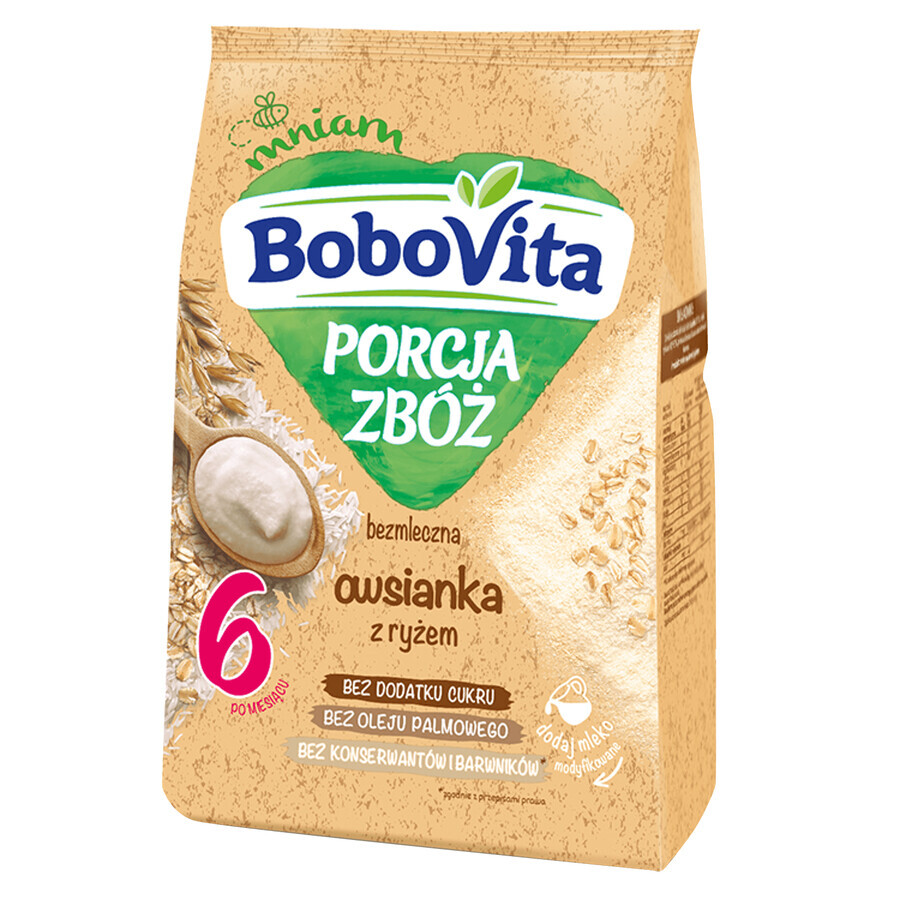 Set BoboVita Porcja Zbóż Fulgi de ovăz cu orez, fără lapte, fără zahăr adăugat, după 6 luni, 3 x 170 g + mousse în tub, banană cu mango și nucă de cocos, 2 x 80 g gratuit