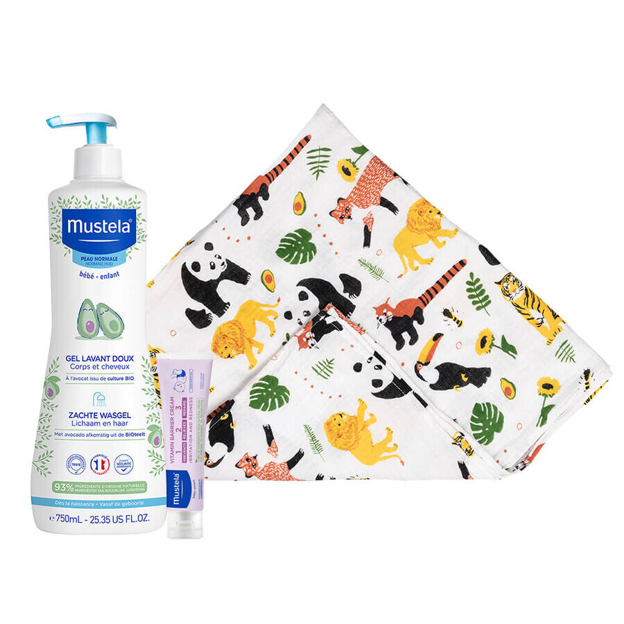 Mustela Bebe Enfant set, gentle body and head wash gel, from birth, 750 ml + changing cream 1,2,3, from birth, 100 ml + free bamboo diaper