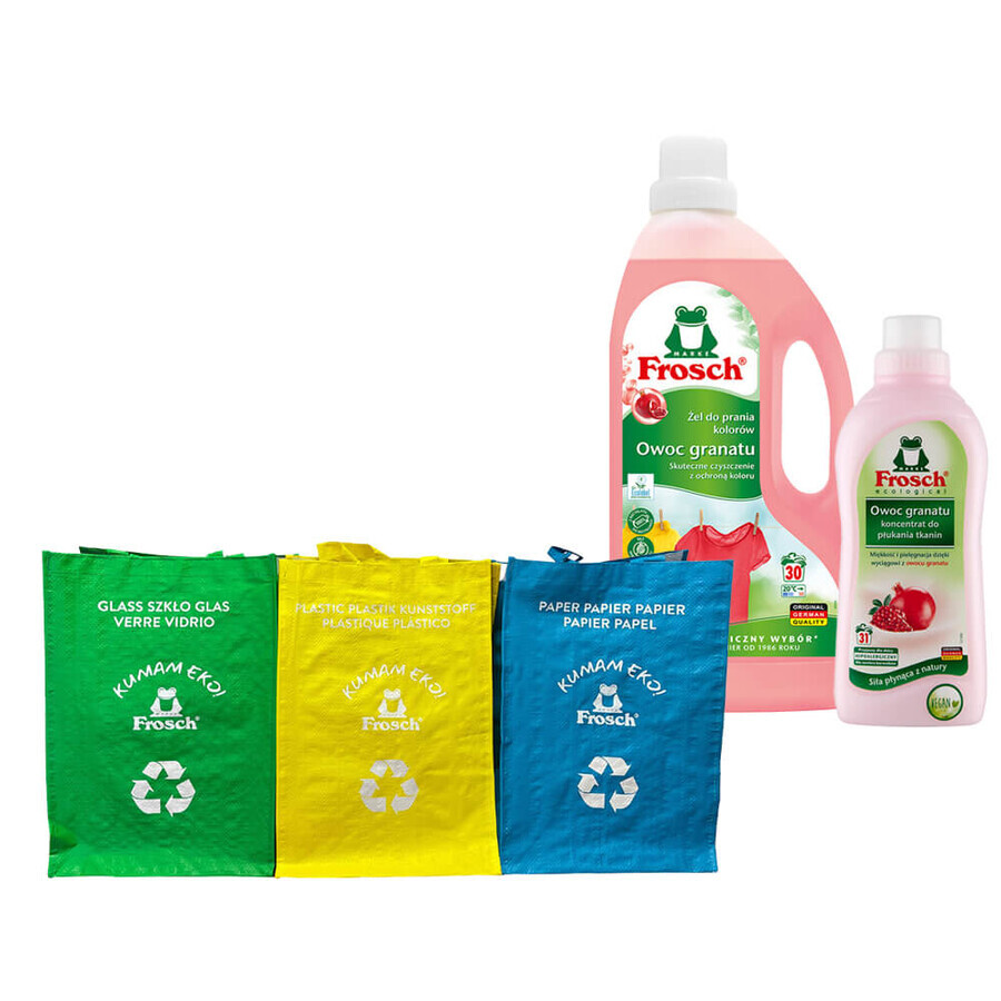 Frosch set, fabric softening gel, pomegranate, 2 x 1.5 l + fabric softening concentrate, pomegranate, 750 ml + waste separation bags, 3 free of charge