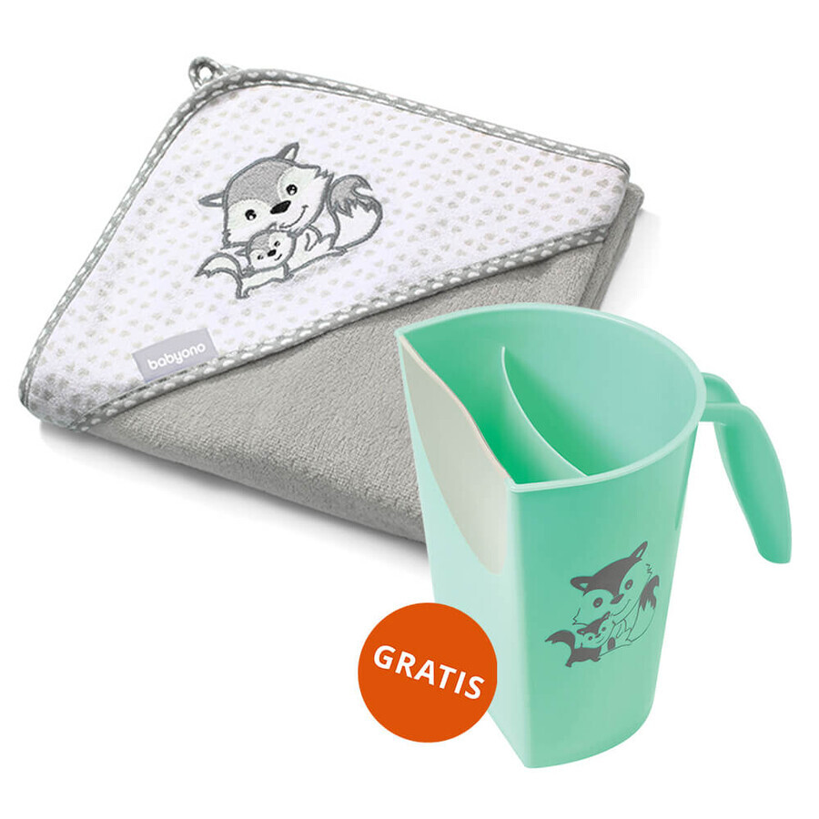 BabyOno Natural Bamboo, bathrobe with hood, 100 x 100 cm, bamboo, gray, 1 pc + head wash bucket, green, 1 free