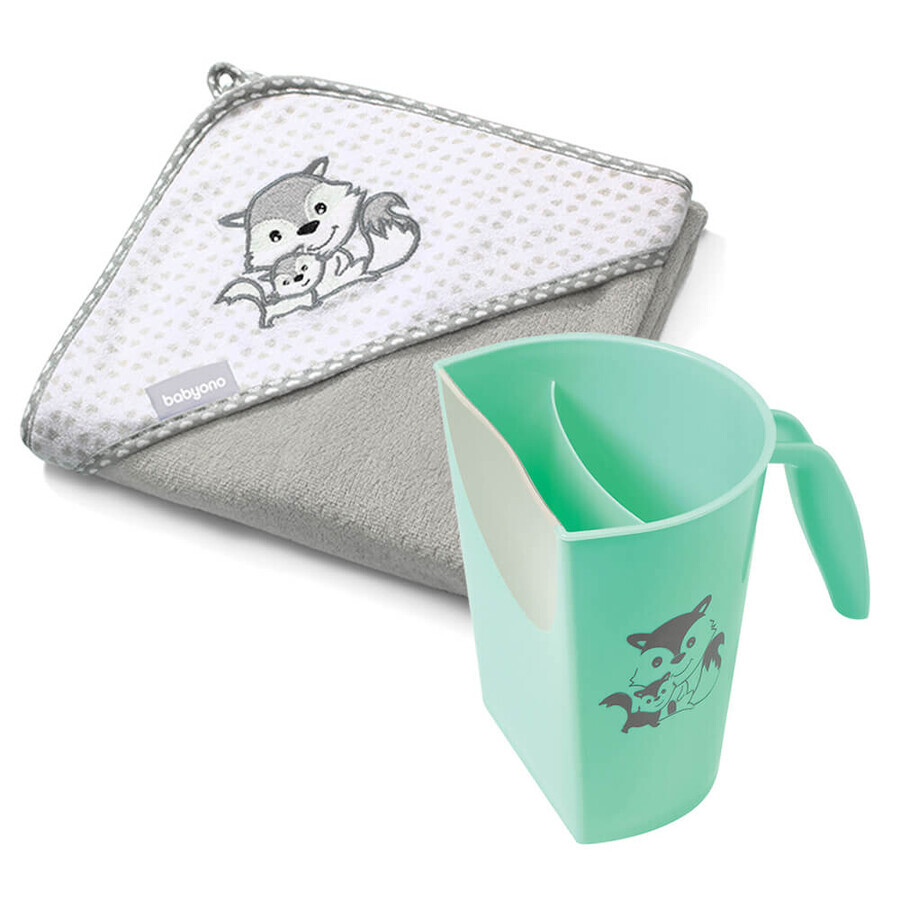BabyOno Natural Bamboo, bathrobe with hood, 100 x 100 cm, bamboo, gray, 1 pc + head wash bucket, green, 1 free