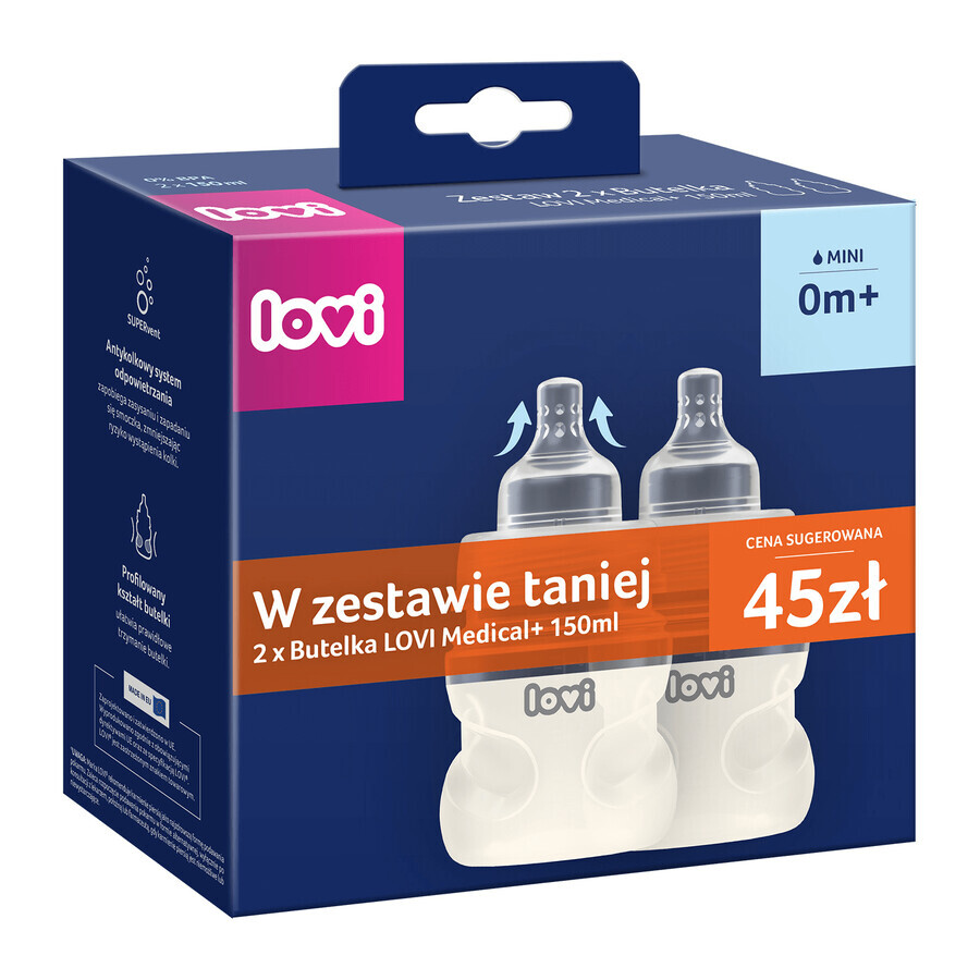 Lovi Medical+ set, anti-colic bottle with dynamic nipple, mini, from birth, 2 x 150 ml DECORATED PACK