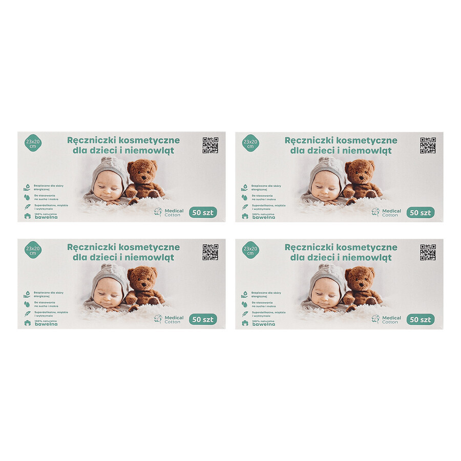 Medisch katoenen set, cosmetische handdoeken voor baby's en kinderen, 23 x 20 cm, 100% katoen, vanaf de geboorte, 4 x 50 stuks
