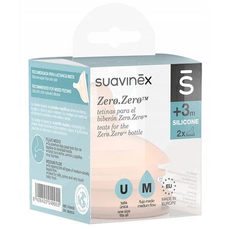 Suavinex Zero Zero, tetina para biberón, silicona, anticólico, flujo medio, talla M, a partir de 3 meses, 2 unidades